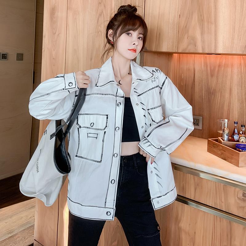 

Women' Jackets 2021 Real  Fashion Loose Denim Jacket Hand Painted, White