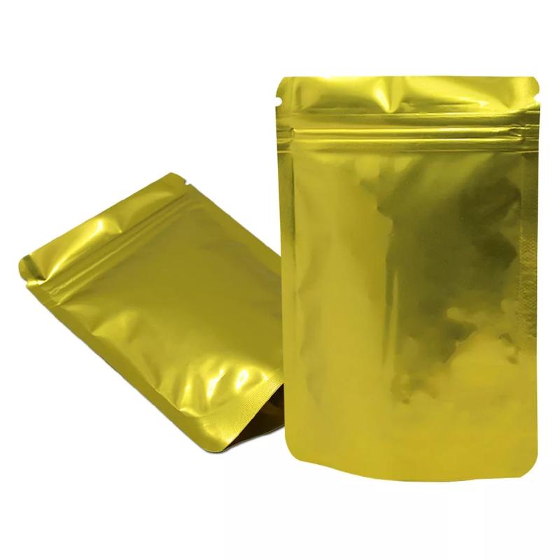 

Storage Bags 100Pcs/Lot Glossy Gold Mylar Foil Bag Stand Up Doypack Tear Notch Resealable Recloable Pouches For Food Snack Tea Pack