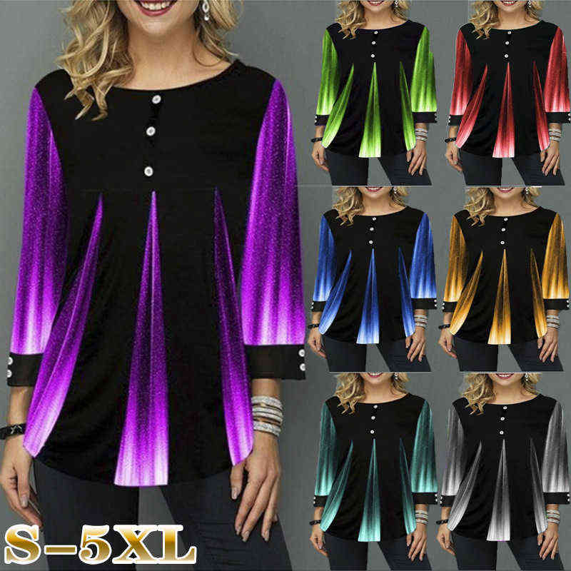 

5XL Large Size Ladies Long Sleeve Gradient Print Splicing Tee Shirts Women Spring Summer T-Shirt Casual Loose Tops Plus Size 4XL G1228, Ts01943 dark green