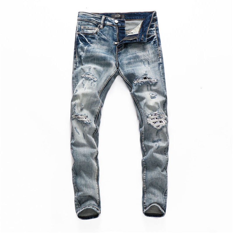 

men's jeans marca remendado buraco rasgado calÃ§as de brim magros dos homens empilha hight rua ajuste fino homme marca lx6l, Blue