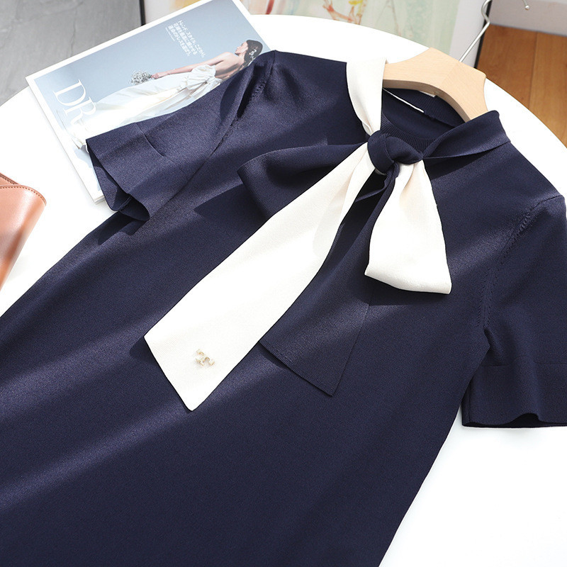 

Women' Fashion French Elegance High Waist Dress High-end Summer Bow Short-sleeved Loose Knit Pullover 210520, Blue