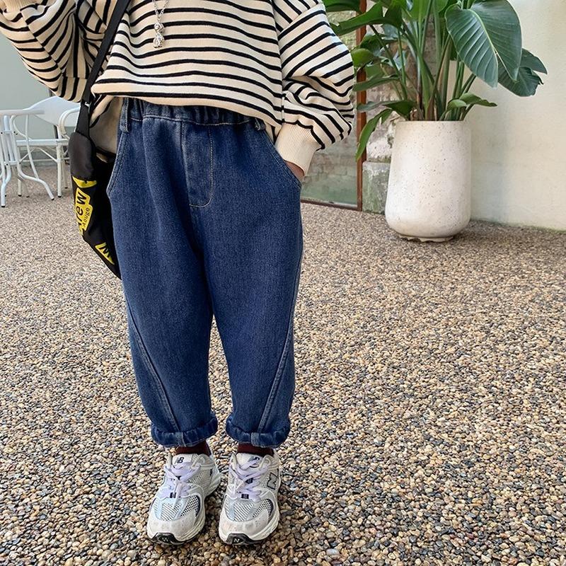 

Jeans Winter Boys Fashion All-match Inner Fleece Thick Denim Trousers And Girls Thicken Warm Loose Casual Pants, Blue