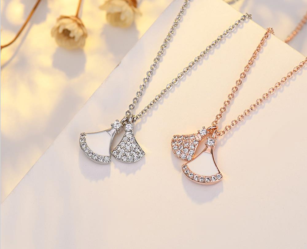 2021 Silver plated double fan necklaces women&#039;s fashion net red temperament Singapore skirt Pendant Light luxury clavicle chain-image-703239723