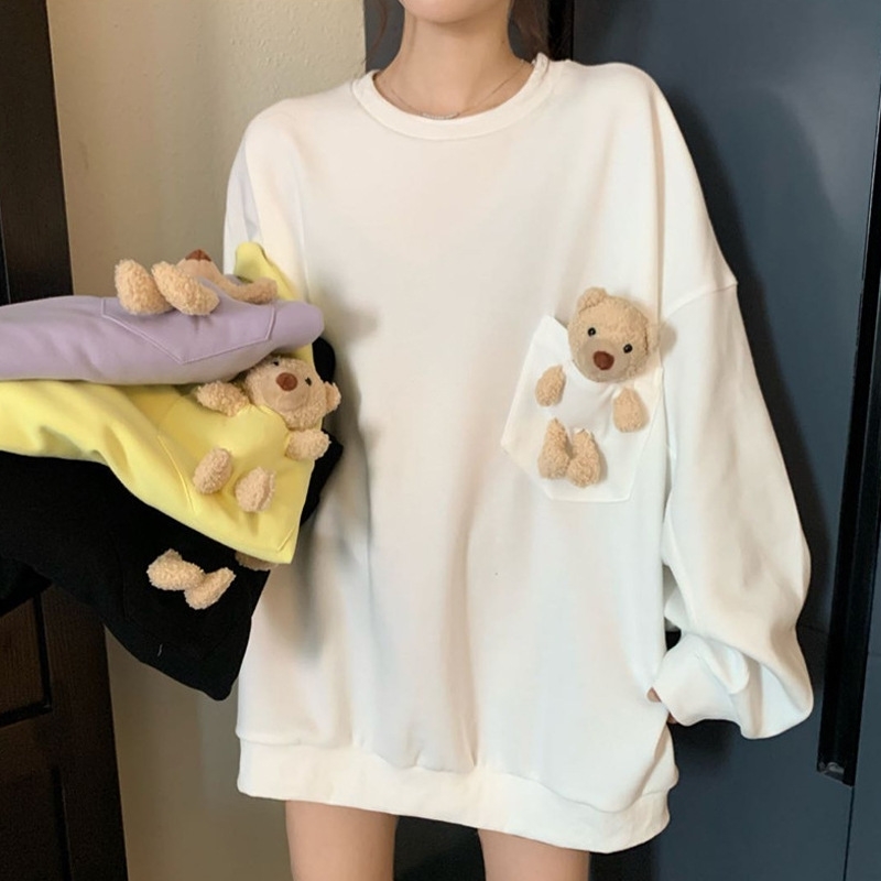 

2021 winter new large pocket bear sweater women's loose Korean version medium long spring and autumn Jacket Women, White