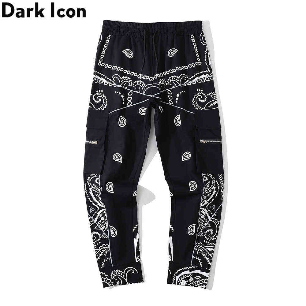 

Side Zipper Pockets Bandana Pants Men Elastic Waist Streetwear Men's Pants Full Length 210603, Black pants