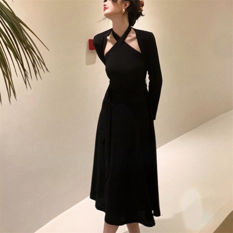 

Autumn Korea Elegant Dress Set Women Slim Retro Casual Party Vintage 2 Piece Suit France + Long Sleeve Top 211108, Black