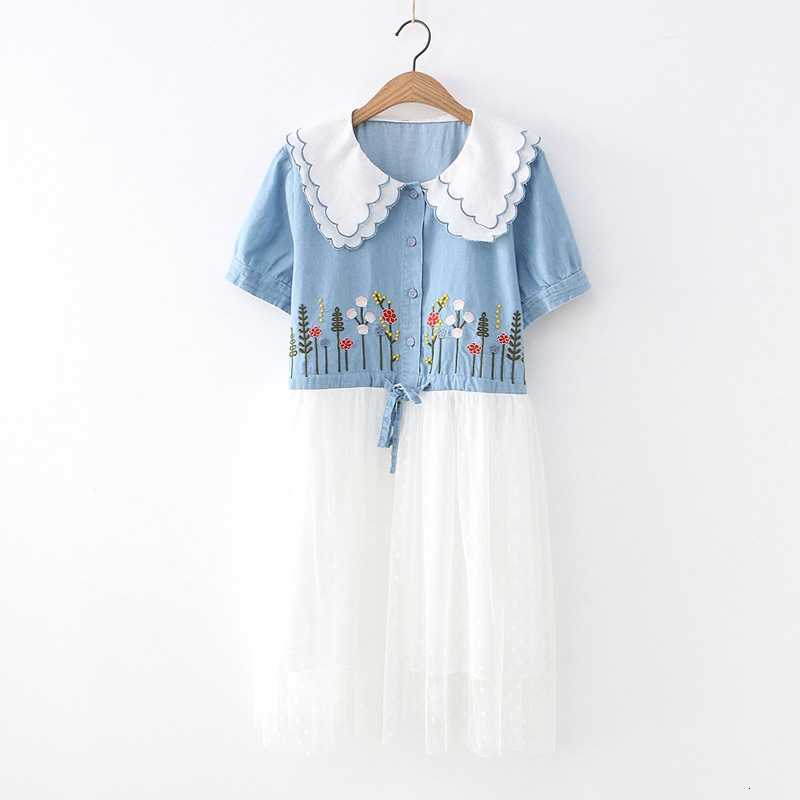 Party Dresses Japanese Kawaii Floral Denim Mesh Mini Dress women Teens Clothes Cute Girls Summer Peter Pan Collar Casual Tulle Shi-image-704038204