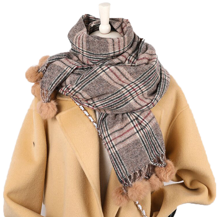 

Same Style as Yang Mi Houndstooth Hanging Fur Ball Rabbit Ball Artificial Cashmere Scarf Classic All-Match British Plaid Warm Scarf No. 6