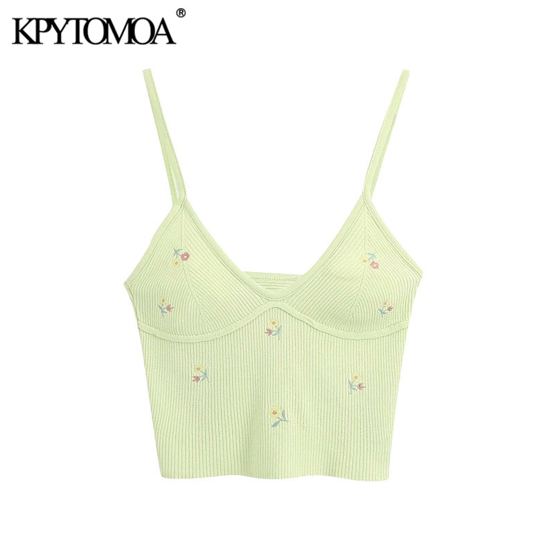 

KPYTOMOA Women 2021 Sweet Fashion Floral Embroidery Cropped Knitted Blouses Vintage Backless Thin Straps Female Shirts Chic Tops, As pictrue