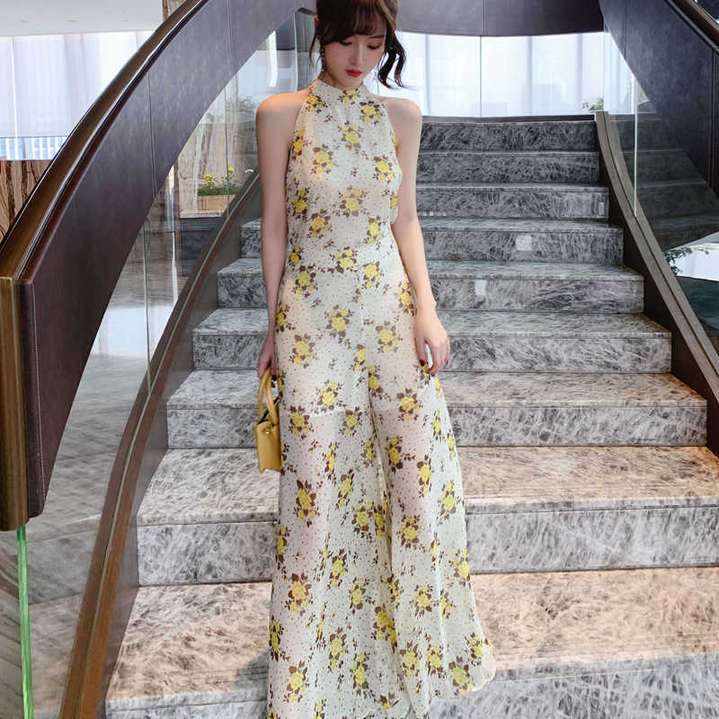 

summer hanging neck super fairy printing chiffon casual suit pants mopping trousers two-piece Office Lady 210603, Yellow