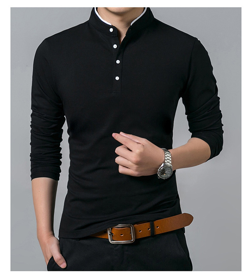 

Mens Fashion Stand Collar Tees Designer Cotton Pullover Tshirts with Buttons Mens Panelled Long Sleeve Clothes, White;black