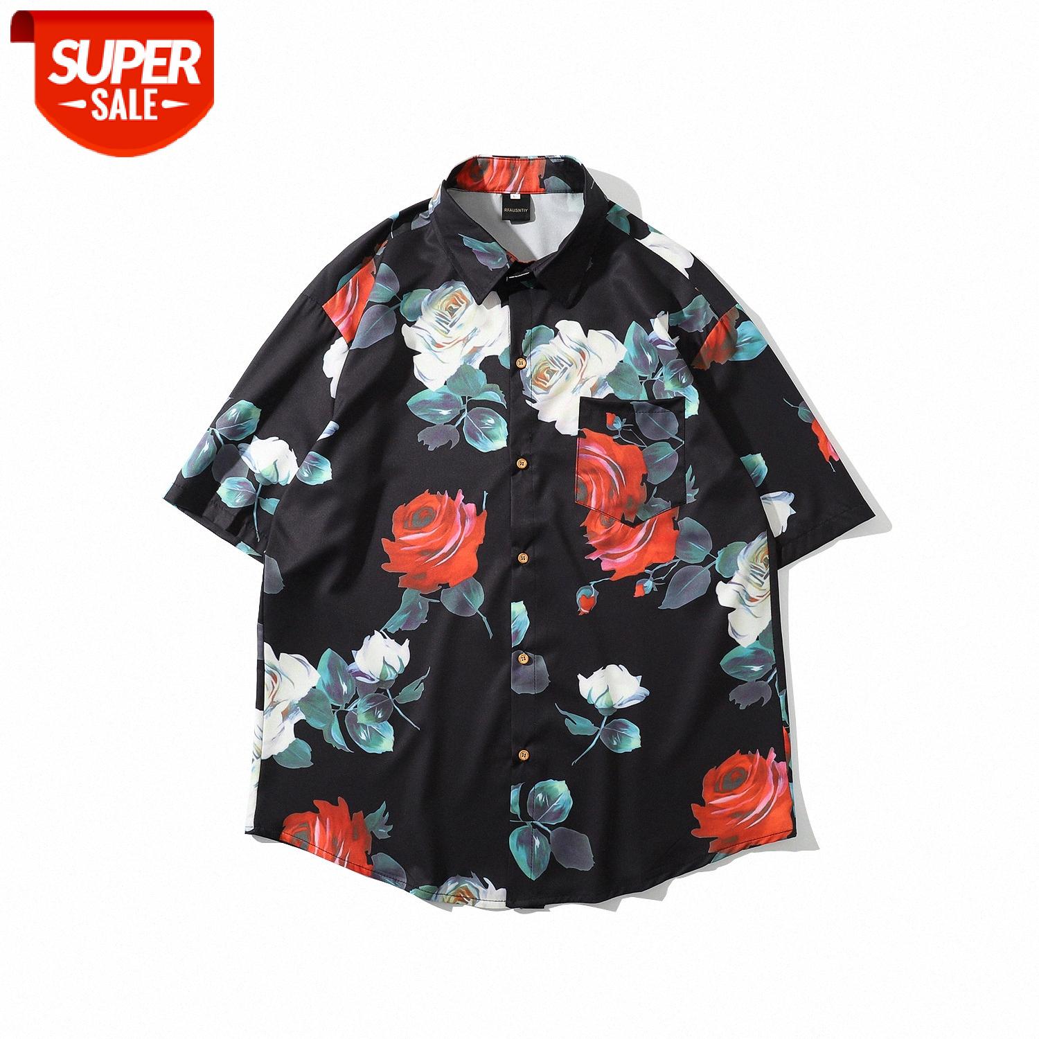 

shirt Harajuku style rose print Wei Yi short-sleeved men's loose lazy jacket #hM4W, White;black