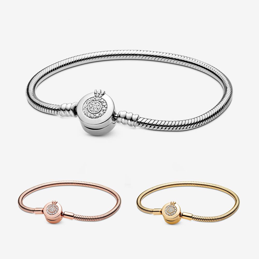 

Pandora Silver 925 Moments Chain Bracelet Sparkle Crown Letter O Snake-bone With Box Gift Fashion Jewelry
