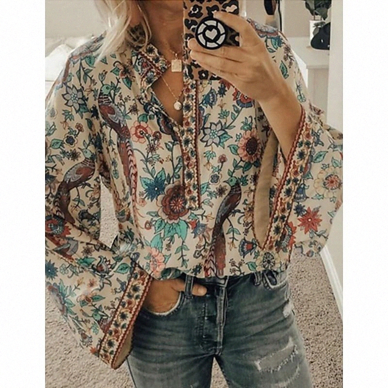Women's Blouse Shirt Geometric Shirt Collar Tops Loose Blue Orange Red E4K1#-image-755736737