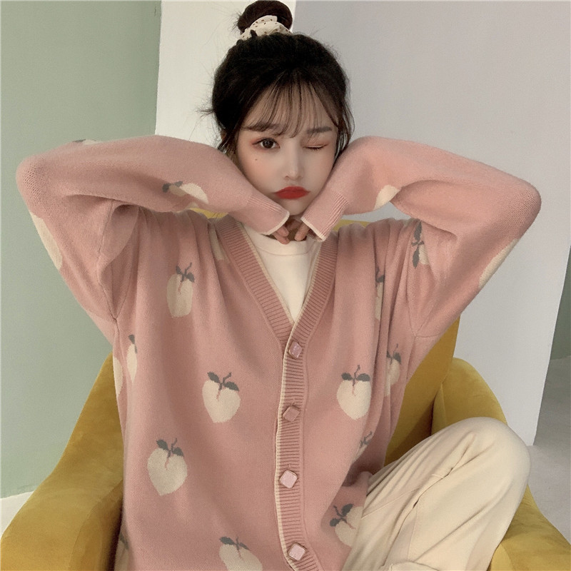

Sweater Cardigan Cute Pink Coat Women Peach Pattern Knitted Oversized Jacket Korean Autumn Long Sleeve Pull Femme 210429, Mint
