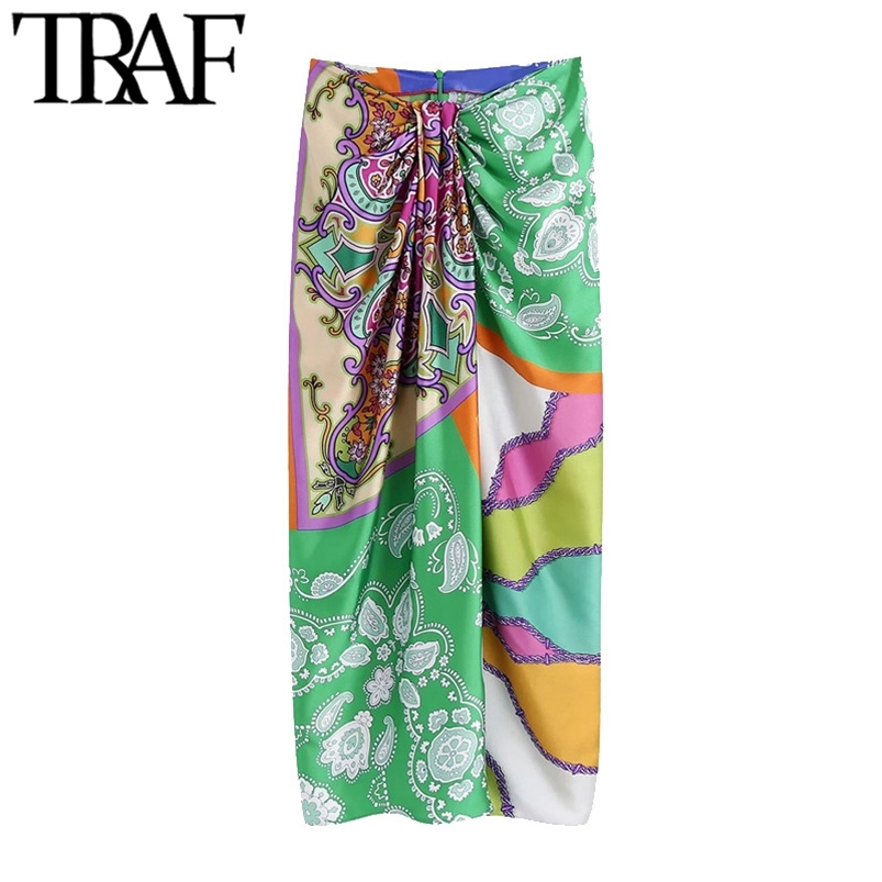 

TRAF Women Chic Fashion With Knot Printed Front Vents Midi Skirt Vintage High Waist Back Zipper Female Skirts Mujer 210721, As picture