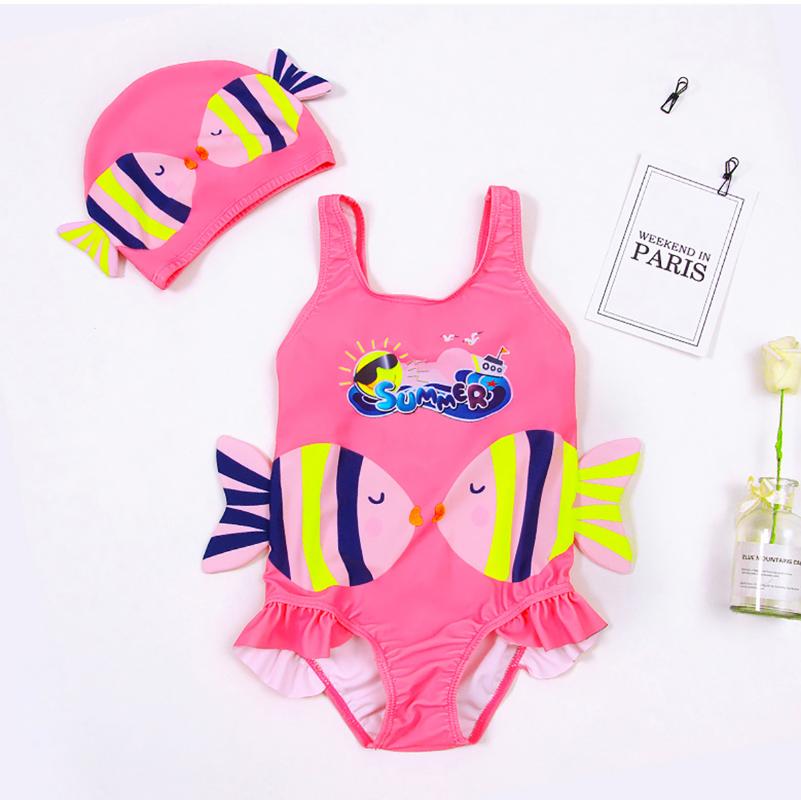 

One-Pieces Infant Baby Girls Romper Bodysuit Kids One-piece Sleeveless Cute Cartoon Fish Swimsuit Swimwear Bathing Suit With Swim Cap, Black