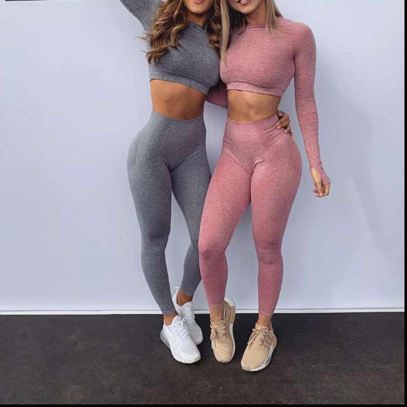 

women two womens tracksuits piece set seamless fitness sports gym clothes long sleeve shirts high waist leggings workout pants tracksuit, Gray