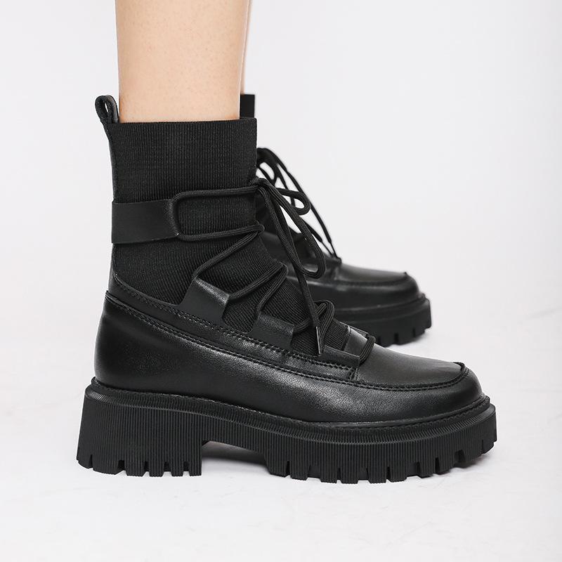 

Boots Ankle Short Thick Bottom Round Head Heel Elastic Socks Black Women's Winter