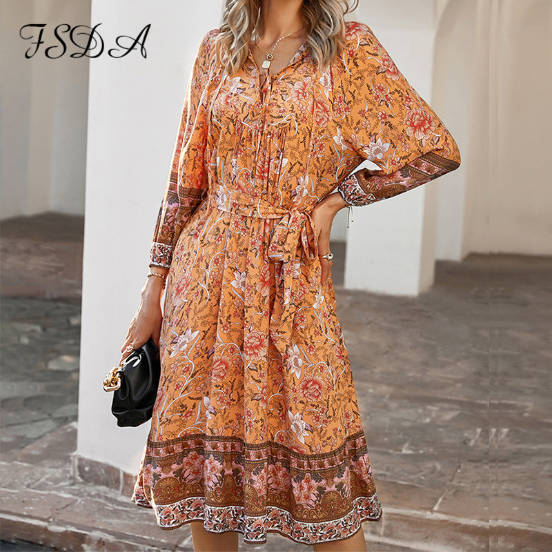 

2021vintage with sashes long sleeve floral dress boho women print autumn a line ruffles midi waist dresses casual beach, Black;gray