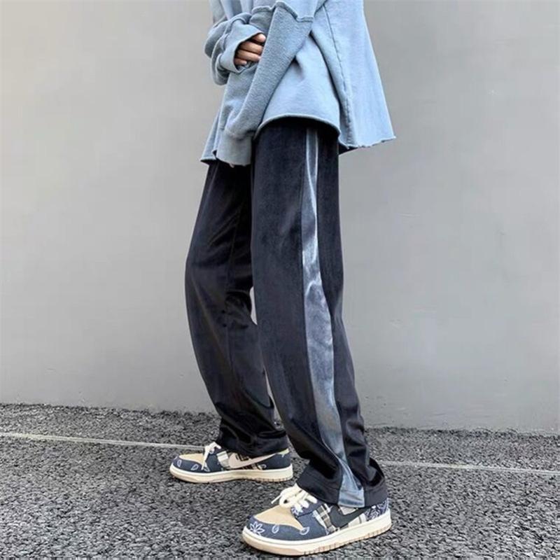 

Men's Pants 2021 Autumn Fashion Velour Wide Leg Preppy Style Panelled Baggy Homme Men Trousers With Pocket Large Size M-6XL, Black