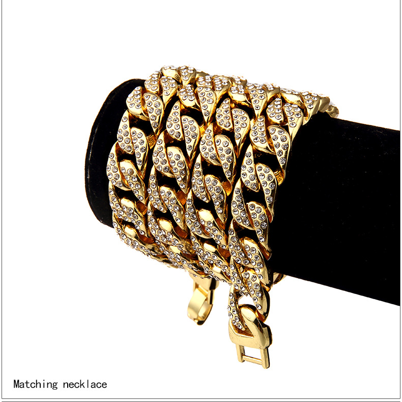 

Hip hop Mens High quality 24K Gold Plated Bling Iced Out CZ Crystal Cuba watchband Miami Diamond Cuban Chain Bracelets Necklaces Jewelry, Silver