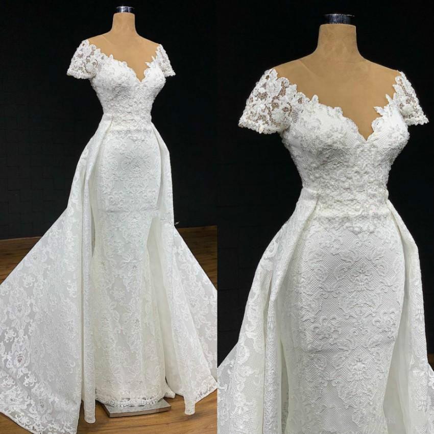 

Dubai Arabic Gorgeous Luxury Plus Size Princess Mermaid Wedding Dresses with Detachable Train Lace Applique Sheer Jewel Neck Bridal Gown Rob, White