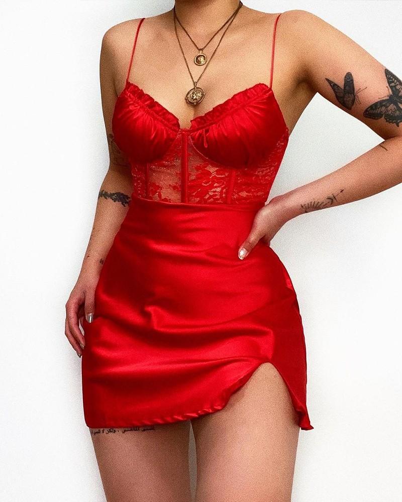 

Casual Dresses Summer Women' Sexy Frill Hem Slit Lace Contrast Cami Mini Dress