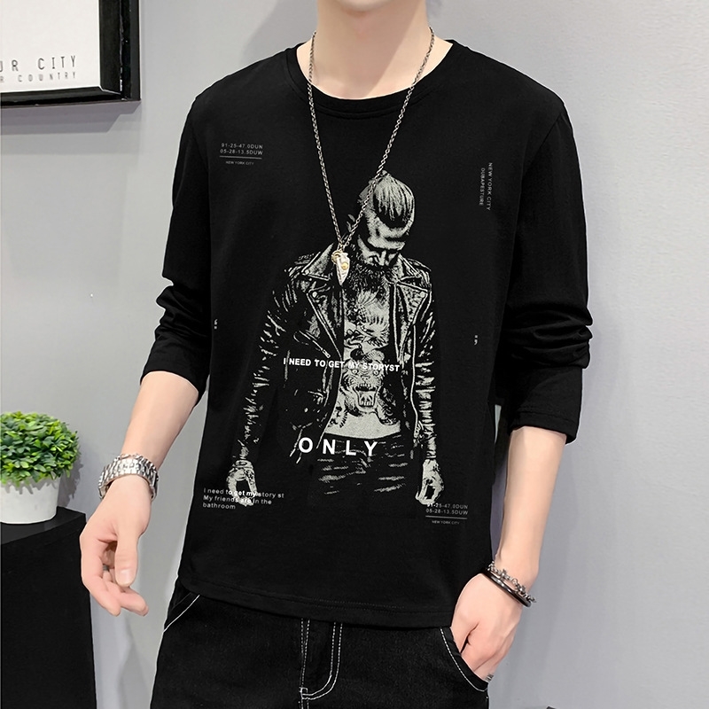

2021 Long Sleeve Round Neck Slim Fit Spring and Autumn Men's Wear Youth Fashion Elastic Cotton T-shirt Men's Fashion Top, White;black