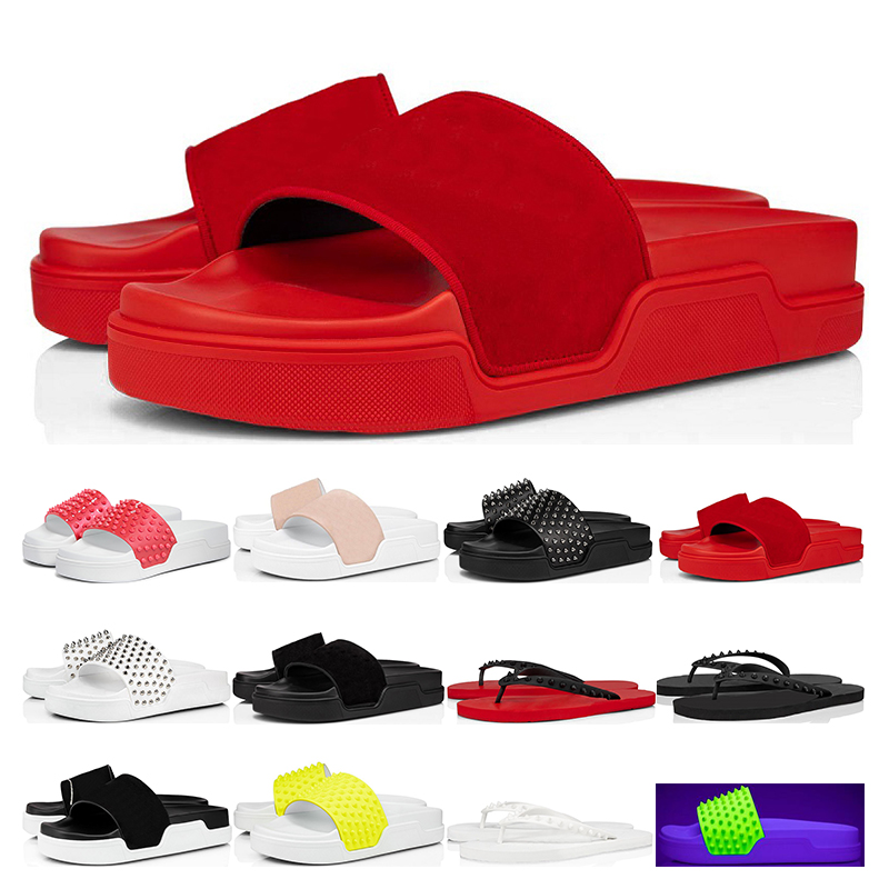 

2021 Luxurys designer red bottoms Slippers Pool Fun mens Flat Flip Donna Studded Spikes black white yellow suede sport outdoor size 36-46