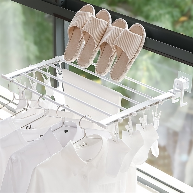 

Telescopic Window Drying Rack Free Punching Wall-Mounted Indoor Suction Cup Folding By Sill Clothes Rod 220214