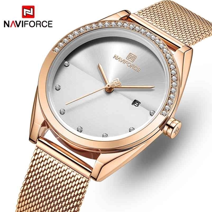 

NAVIFORCE Gold Watch Women Quartz Watches Lady Waterproof Wristwatch Womens Bracelet Female Clock Relogio Feminino Montre Femme 210616, Silver white