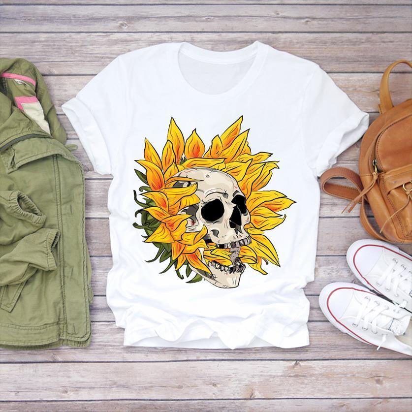 

Sunflower Skull Fashion Cartoon Womens T Shirt Cute Summer Graphic Female Tee, White