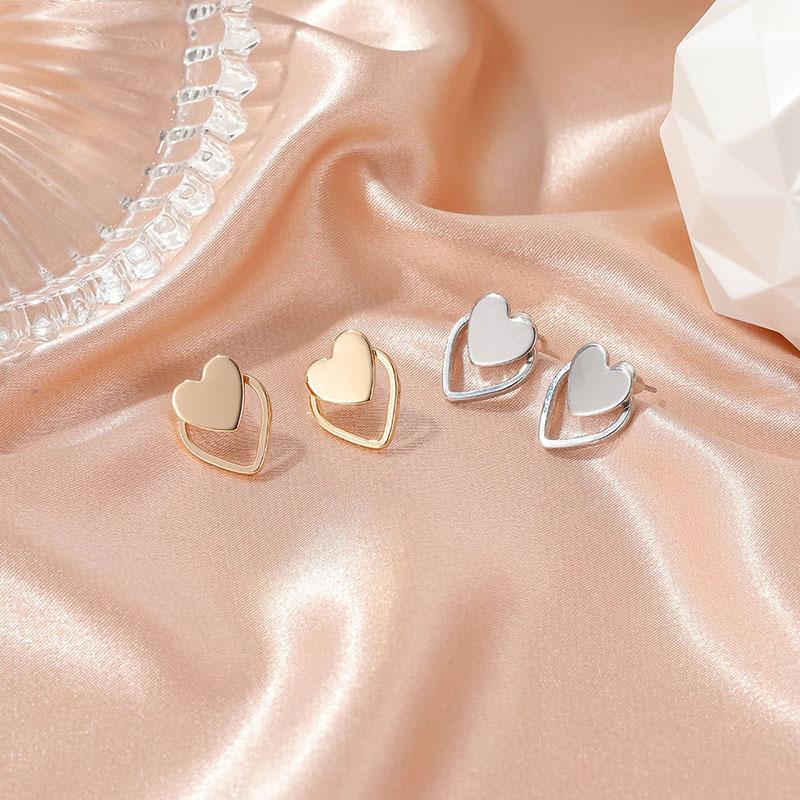 Stud 2021 Women&#039;s Double Love Earrings Sweet Hollow Peach Heart Studs Women Party Jewelry Gift-image-705870673
