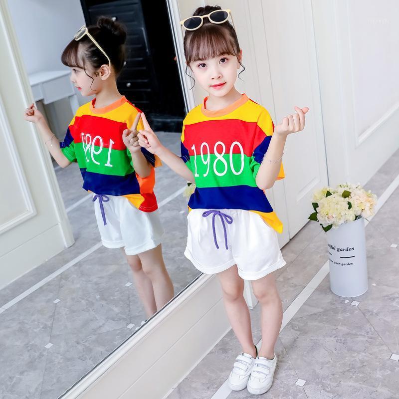 

Clothes For Kids 2021 Summer Baby Girl Rainbow Striped Short Sleeve Top + White Shorts Cute Boutique Princess Two Piece Set Clothing Sets
