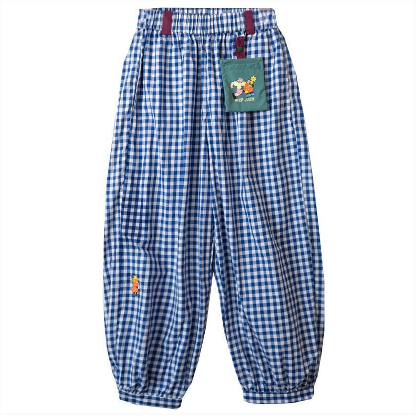 

original blue plaid printed bloomers womens capris big pockets loose cartoon preppy style cropped, Black;white