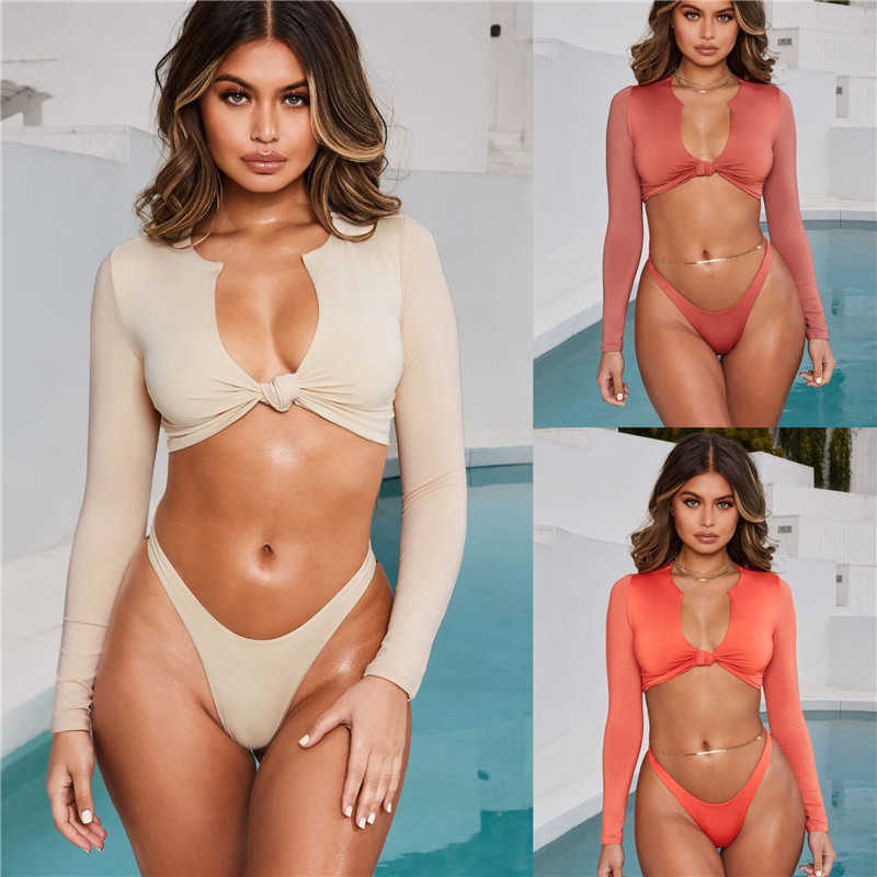 

Swimwear for Women High Waist Long Sleeves Bikinis Set High Cut Sexy Swimsuits Sunscreen Beach Wear Bikini 10 Colors Bathing Suit