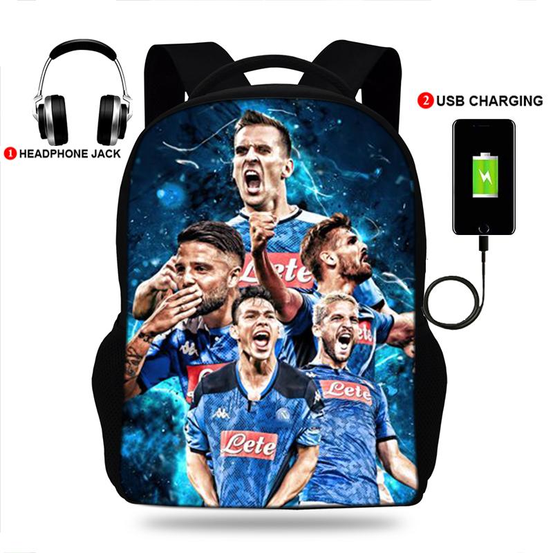 

Cool Teens USB Charge Backpack Child School Bag Students Boys Girls Rucksack Napoli Insigne Mertens Print Mochila Bags