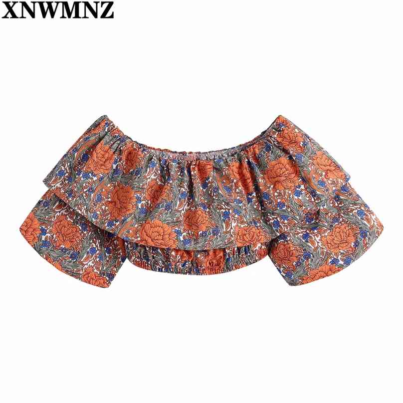

Women Holiday Tropical Floral Printing Elastic Short Smock Blouse Female Off Shoulder Ruffles Shirt Chic Crop Tops 210520, Orange