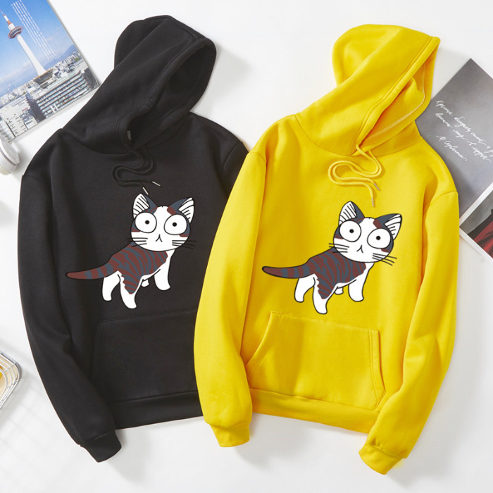 

cat printed hoodie for women autumn and winter style with fleece and thick student Korean version loose round neck hooded long sleeves large size women's dress, Beige