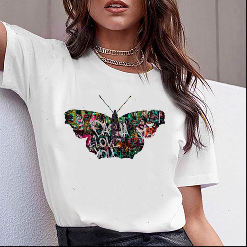 

graffiti butterfly print short sleeve women t shirt o neck loose tee clothes camisetas mujer, White