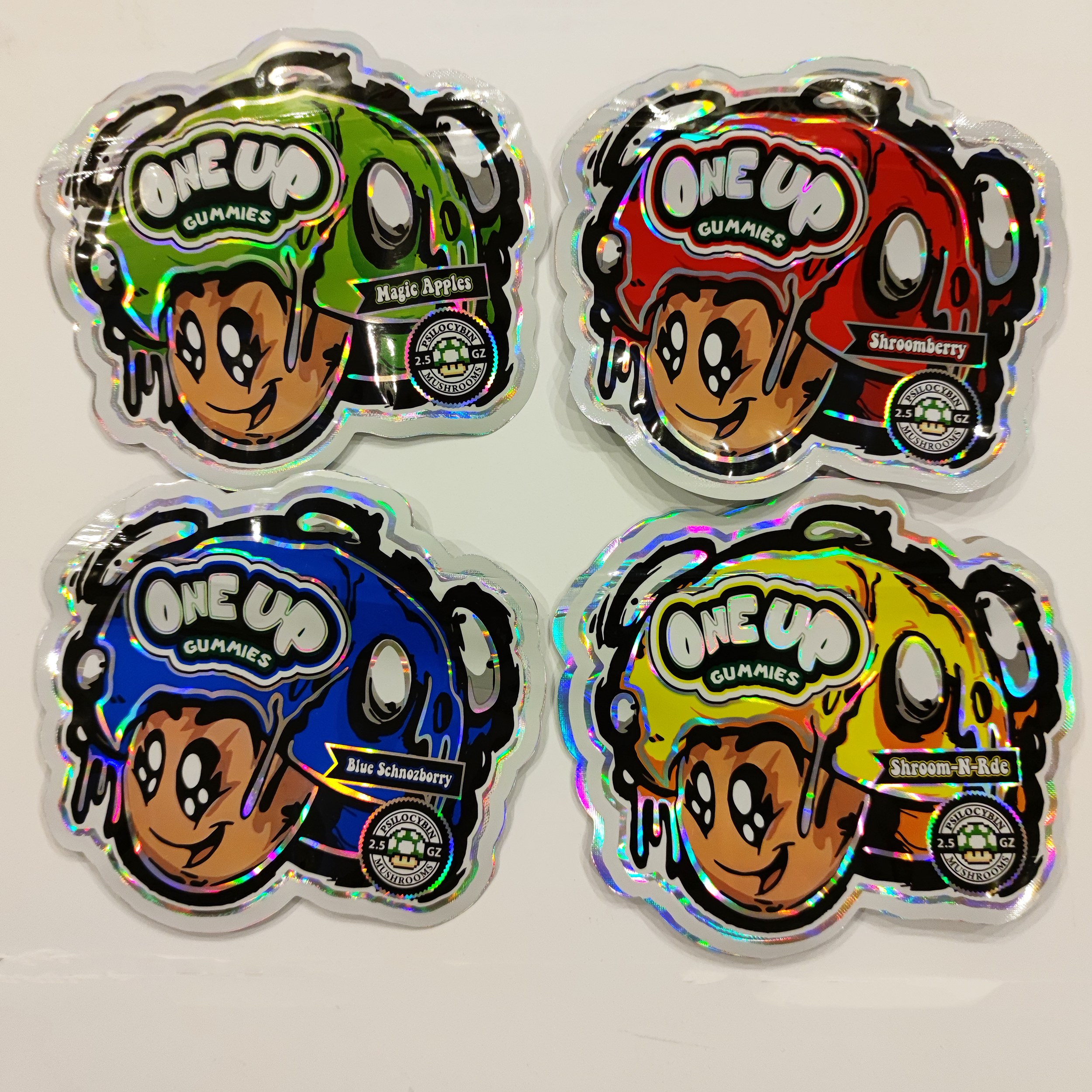 

2022 unique irregular shape One up gummies mylar bags 4 flavors Mushroom shape candy packaging bag oneup zipper package