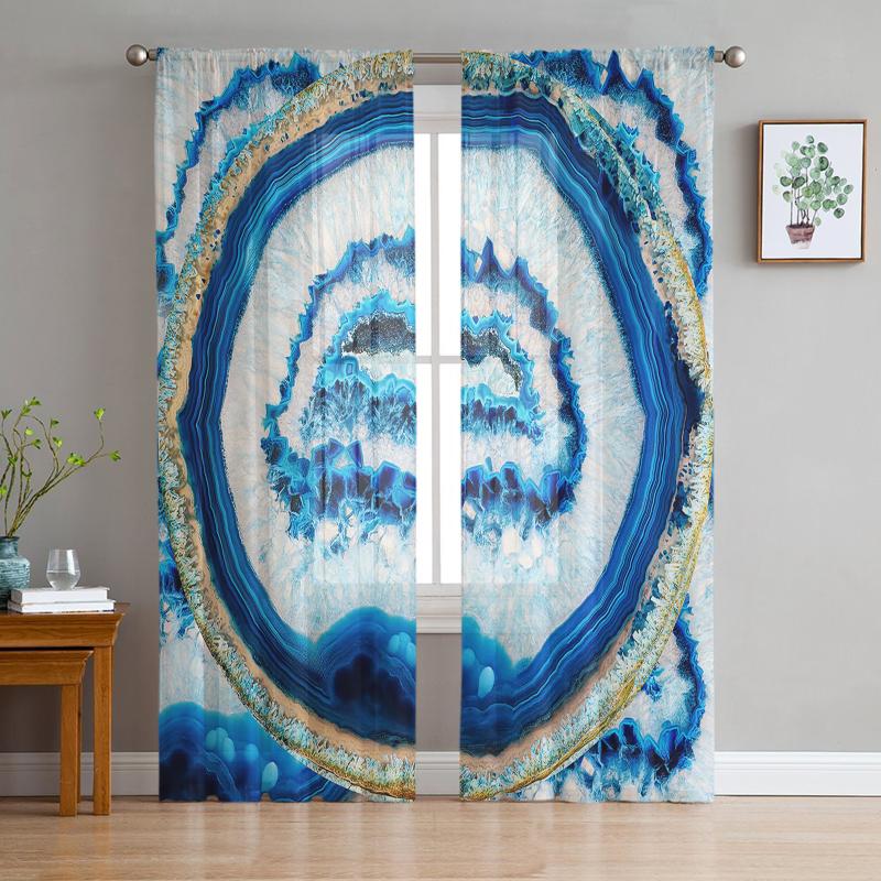 

Curtain & Drapes Retro Agate Texture Blue Sheer Curtains Bedroom Decoration Kitchen Tulle For Living Room