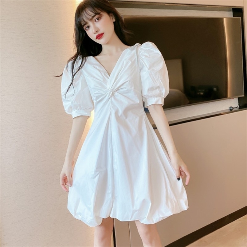 

Summer Women Sweet Bowknot Puff sleeve Mini Dress Vintage V-Neck Casual Ball Gown Dresses For Party Vestidos 210519, Photo color