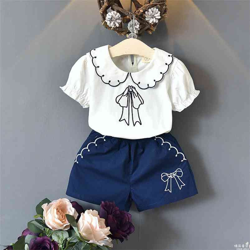 

Arrivals Summer Children Sets Short Sleeve Print T-Shirt Blue Bow Shorts Casual 2Pcs Girls Clothes 2-7T 210629, White