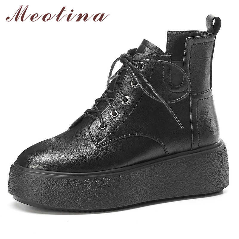 

Meotina Winter Genuine Leather Ankle Boots Women Zipper Flat Platform Short Boots Cow Leather Round Toe Shoes Female Fall 34-39 210608, Black synthetic lini