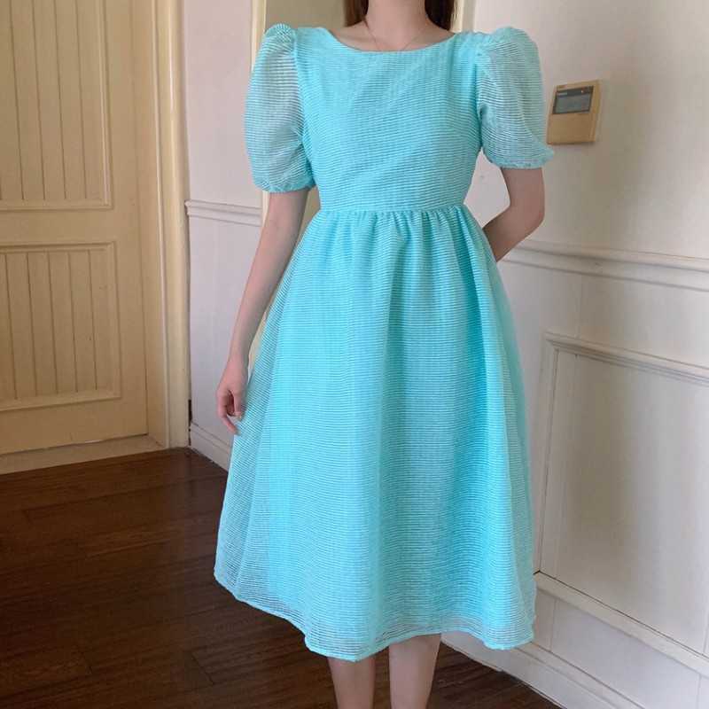 

Summer Women Solid Puff Sleeve Korean Style Fairy Dress Sexy Backless Kawaii Elegant Vintage Party 210526, Photo color