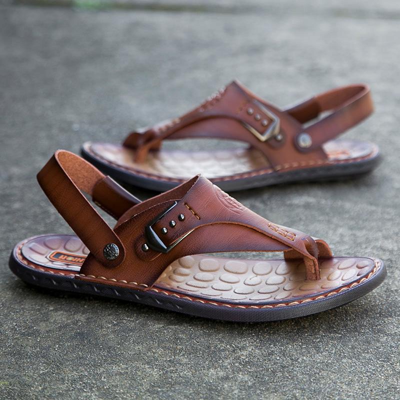 

Sandals Flip Flops Slip On Slippers Beach 2021 Summer Mens Leather Italian For Men 39 Gladiators Roman High Quality Fashion, Khaki