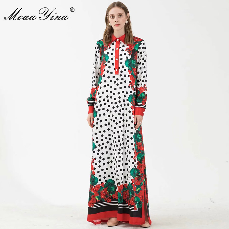 

Fashion Designer Runway dress Autumn Winter Women' Dress Long sleeve Dot Floral-Print Loose Robe Maxi Dresses 210524, Multi