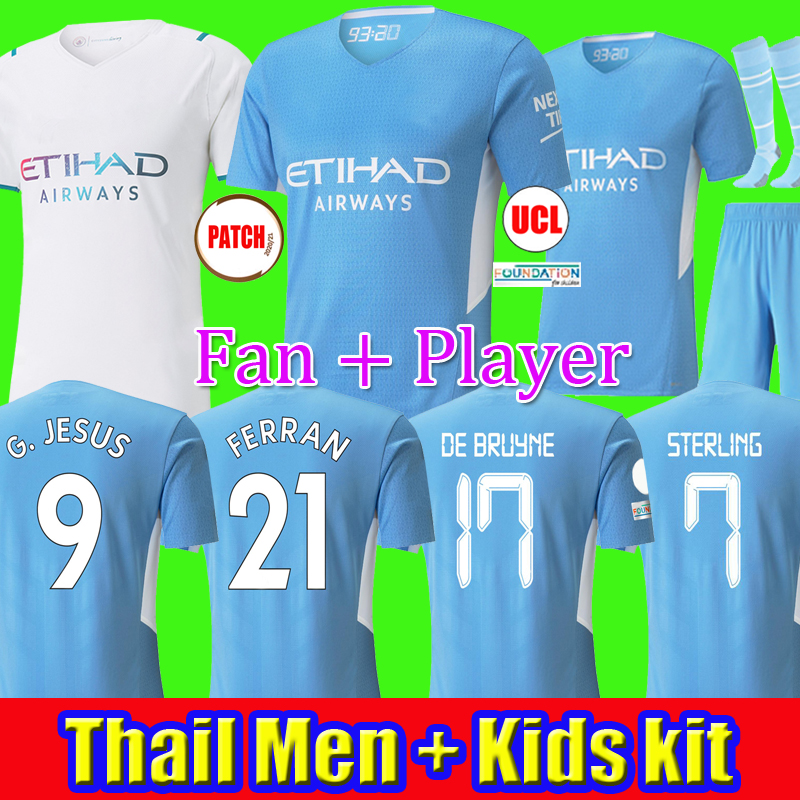 

TOP soccer jersey 21 22 G. JESUS CITY STERLING FERRAN DE BRUYNE KUN AGUERO 2021 2022 football shirts MAN uniform men + kids kit, 2122 home kid + sock
